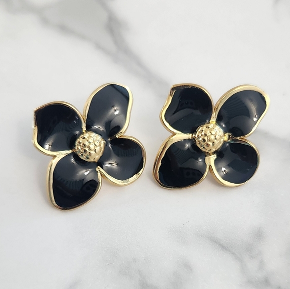 Jewelry - Gold & Black Enamel Flower Stud Earrings